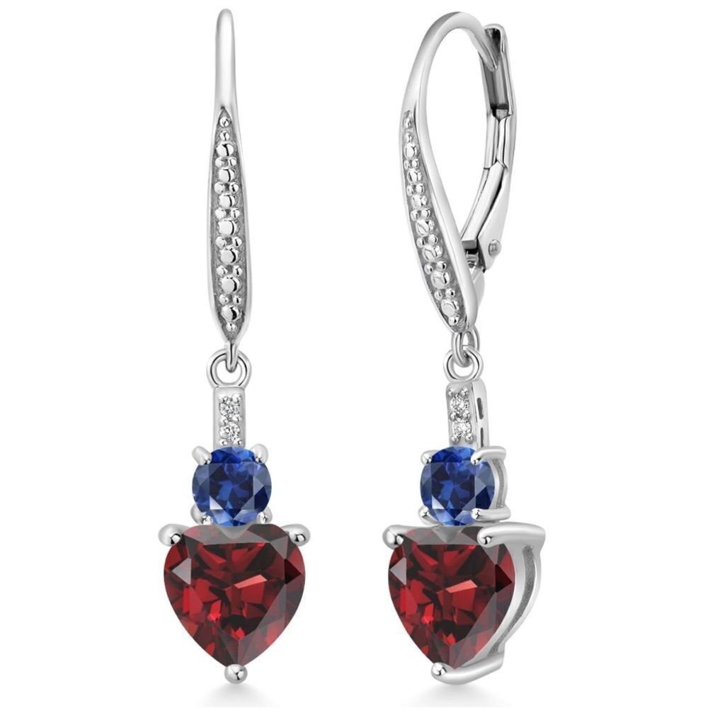 925 Sterling Silver with 3.13 Cttw Garnet and Blue Sapphire Heart Drop Earrings